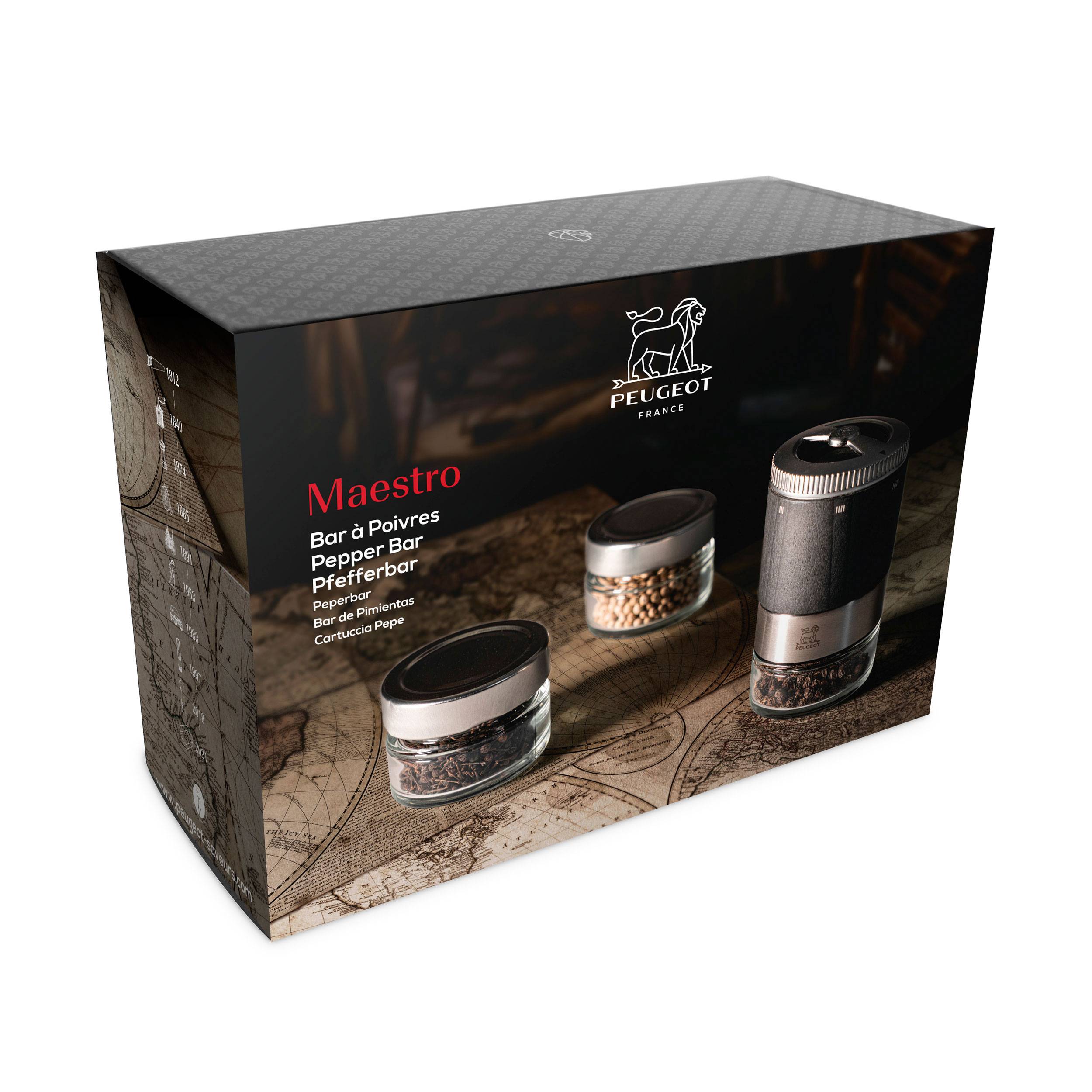 Peugeot MAESTRO uSelect Pfefferbar Geschenkset, Pfeffermühle, Pfeffer Mühle, Graphit, 11 cm inkl. drei Premium-Pfeffergläsern, 41748
