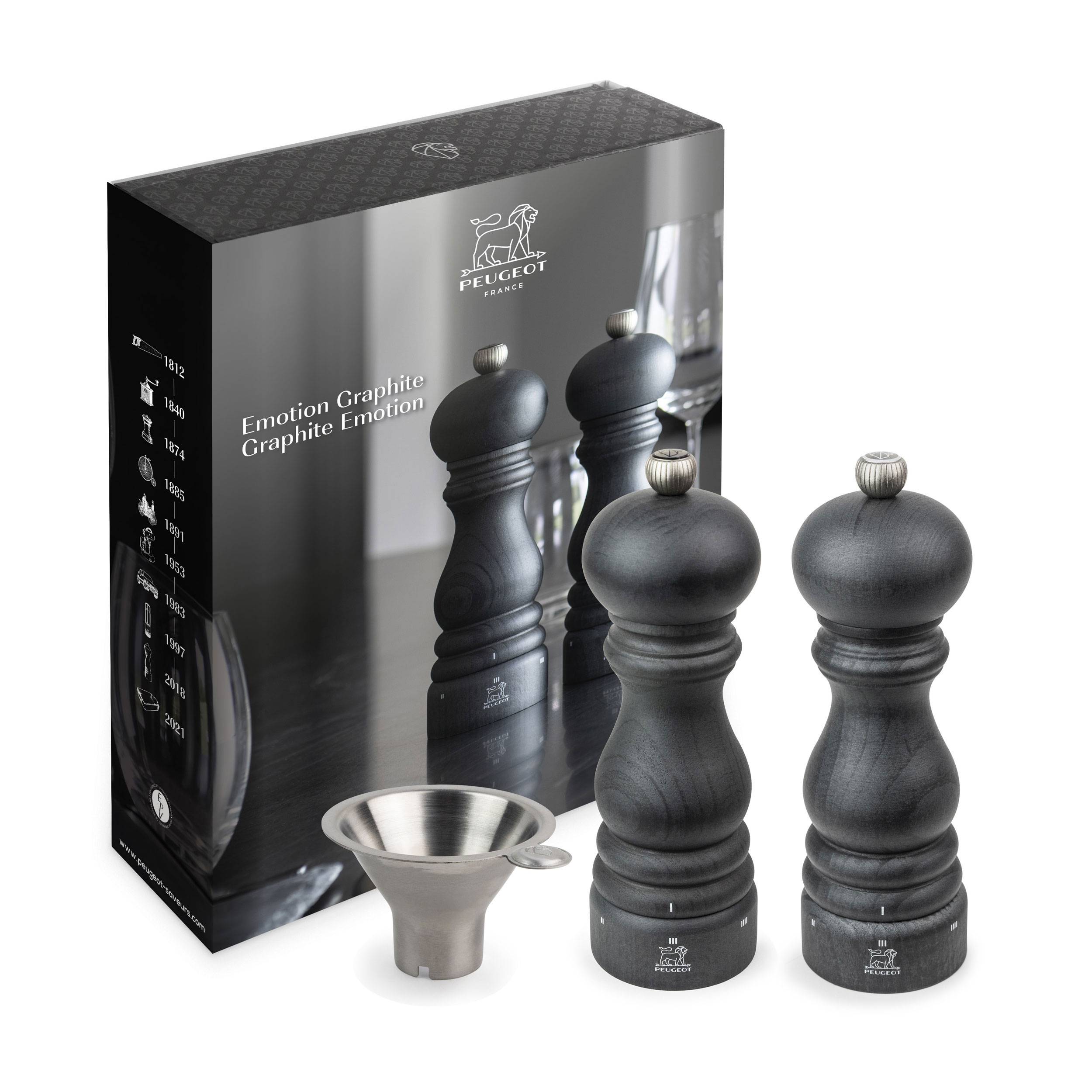 Peugeot Emotion Graphite Paris u'Select Pfeffer- und Salzmühle, 3-tlg., mit Edelstahltrichter, Pfeffermühle, Salz Mühle, Gewürzmühle, 18 cm, 4183