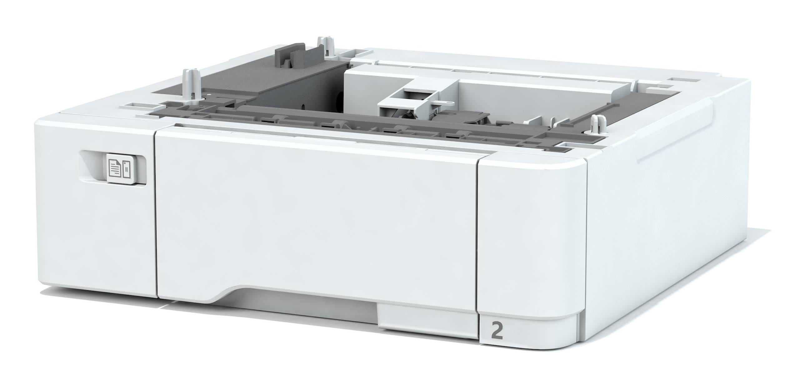 Tablett oder Kassette für weiße Druckerpapiere mit Frontplatte und Papiereinzug, perspektivisch auf einfachem Hintergrund dargestellt.