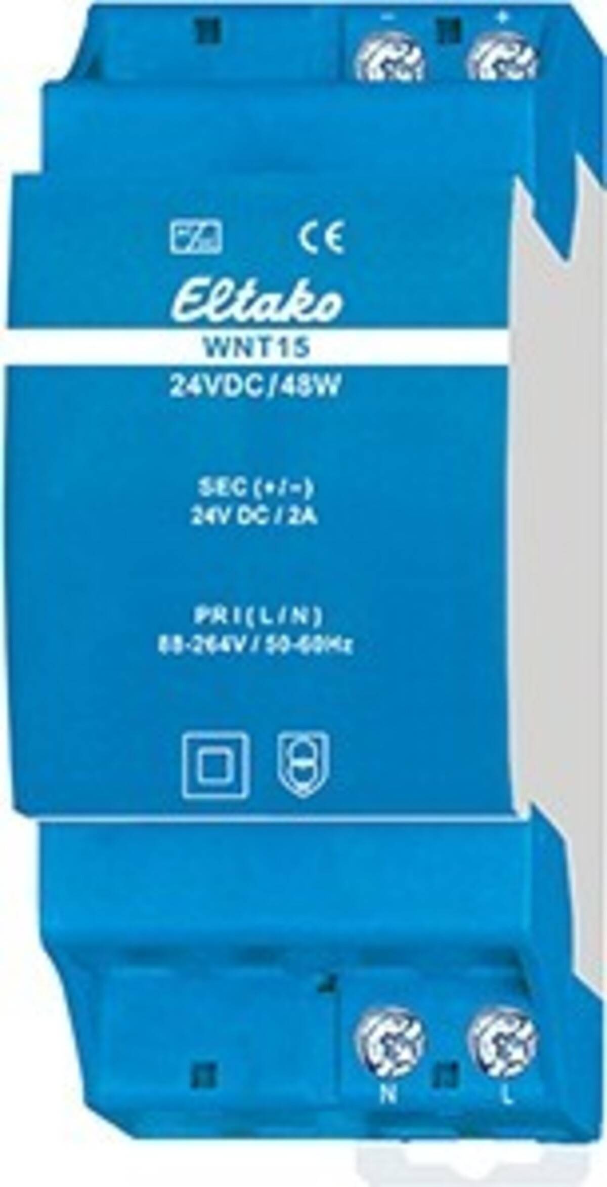 Blaues Eltako WNT15 DIN-Schienenstromversorgungsmodul mit Bezeichnung 24VDC/45W und L- und N-Anschlussklemmen.