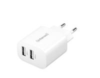 Weißes USB-Wandladegerät mit zwei USB-Anschlüssen und zwei europäischen Steckern.