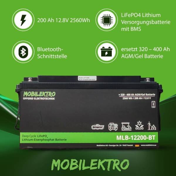 Mobilektro LiFePO4-Batterie MLB-12200-BT 12V 200Ah, Bluetooth