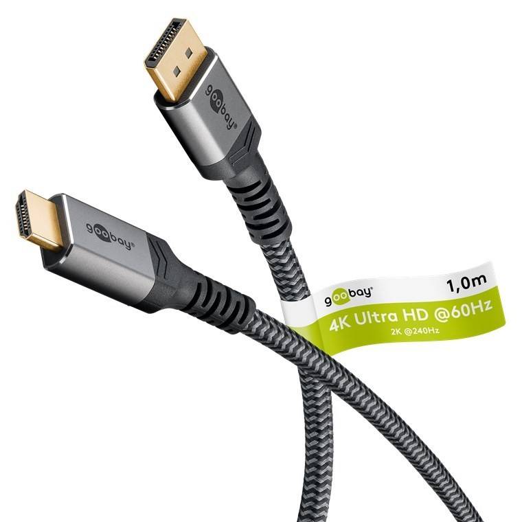 HDMI-Kabel mit geflochtener Konstruktion, vergoldeten Anschlüssen und einem Etikett mit der Aufschrift '4K Ultra HD @60Hz 1.0m'.