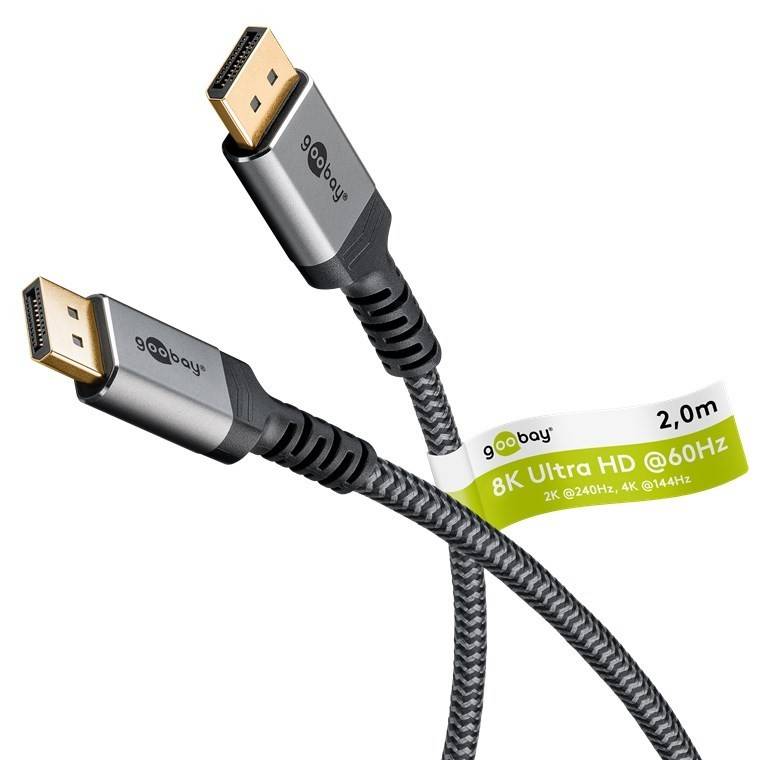 Zwei graue geflochtene HDMI-Kabel mit Beschriftung: 8K Ultra HD @60Hz, 2,0m, mit Markenname goobay auf den Anschlüssen.