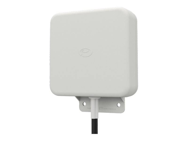 Weißes quadratisches elektronisches Gerät oder Sensor mit angeschlossenem Kabel, auf einer kleinen Halterung gegen einen einfachen Hintergrund montiert.