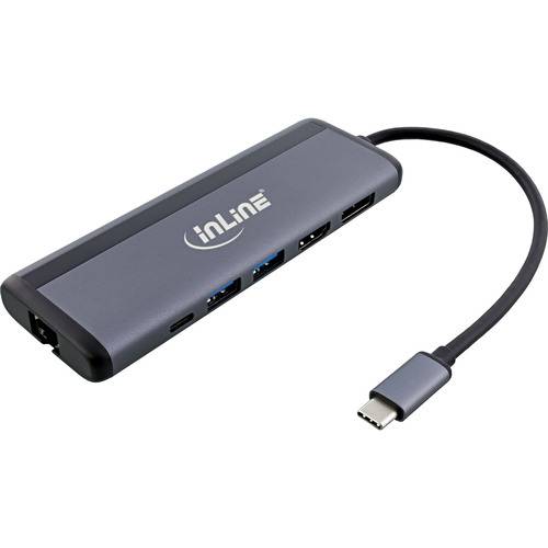Ein USB-C-Hub mit mehreren Anschlüssen, einschließlich USB 3.0, HDMI und Ethernet. Er ist kompakt gestaltet und für die Erweiterung der Konnektivität ausgelegt.