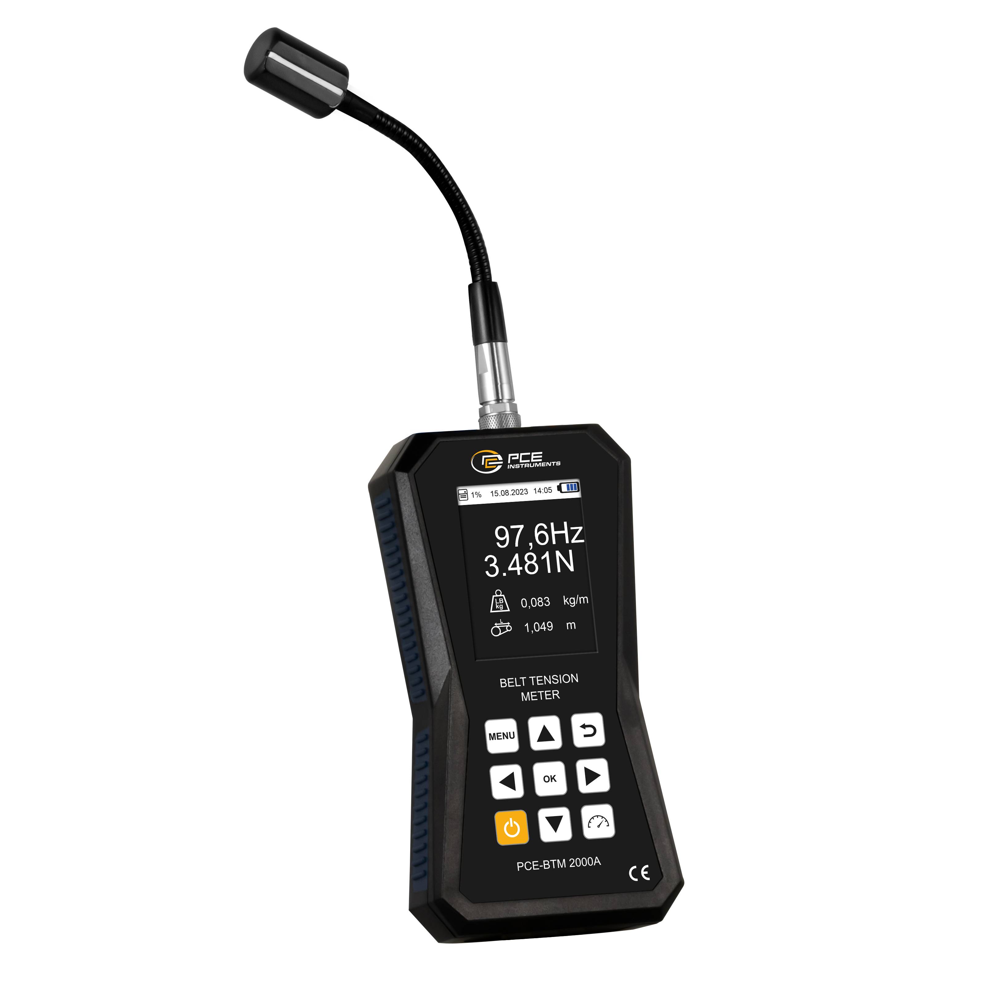 PCE Instruments Riemenspannungsmessgerät PCE-BTM 2000A Messung in Hz & N |Schwanenhals-Sensor |Speicher |Software