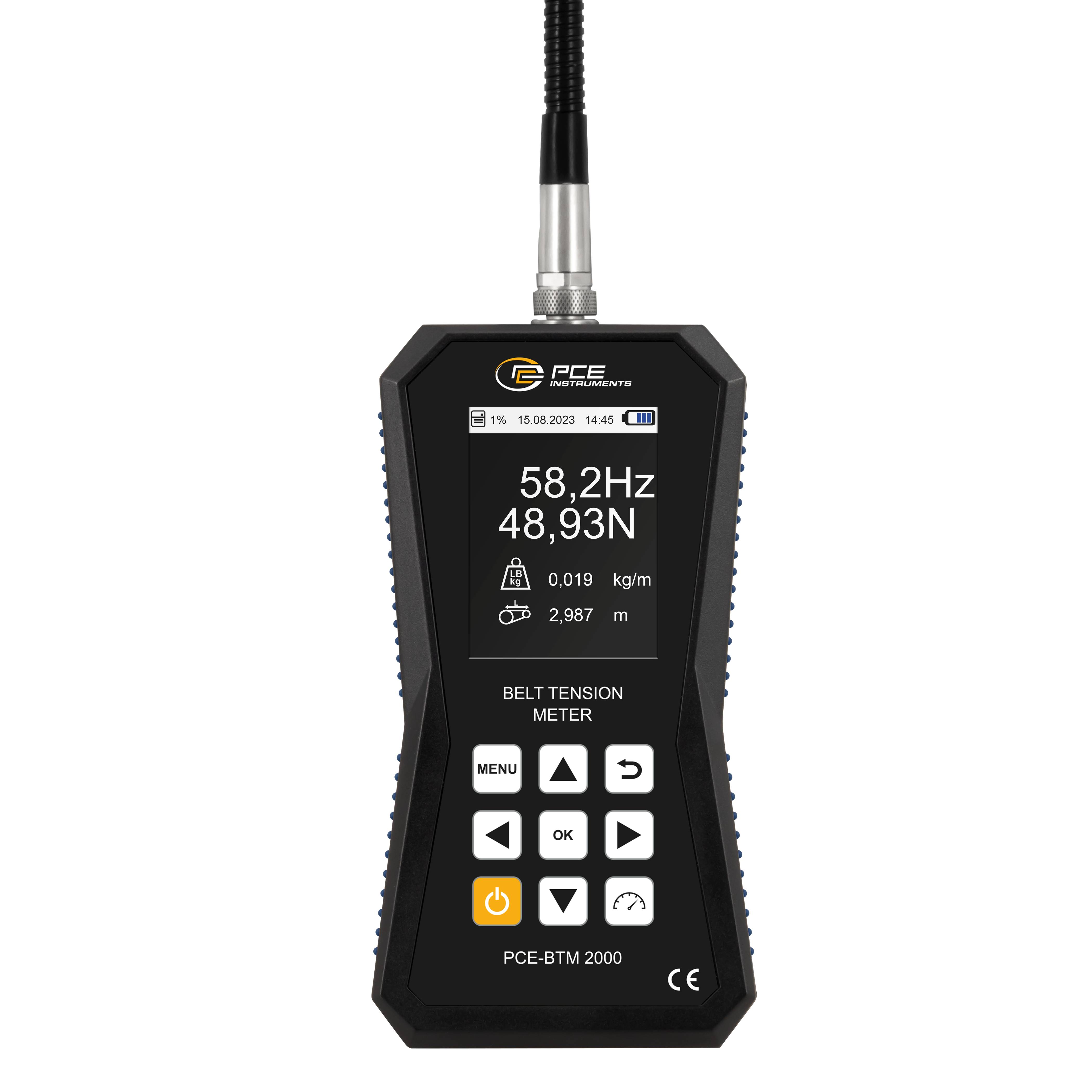 PCE Instruments Riemenspannungsmessgerät PCE-BTM 2000A Messung in Hz &amp; N |Schwanenhals-Sensor |Speicher |Software