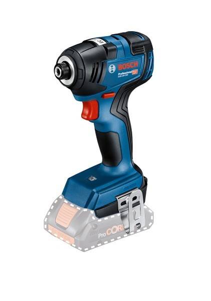 Ein blaues und schwarzes kabelloses Elektrowerkzeug von Bosch mit einer silbernen Klammer, dargestellt ohne Akku, wodurch sein kompaktes Design hervorgehoben wird.