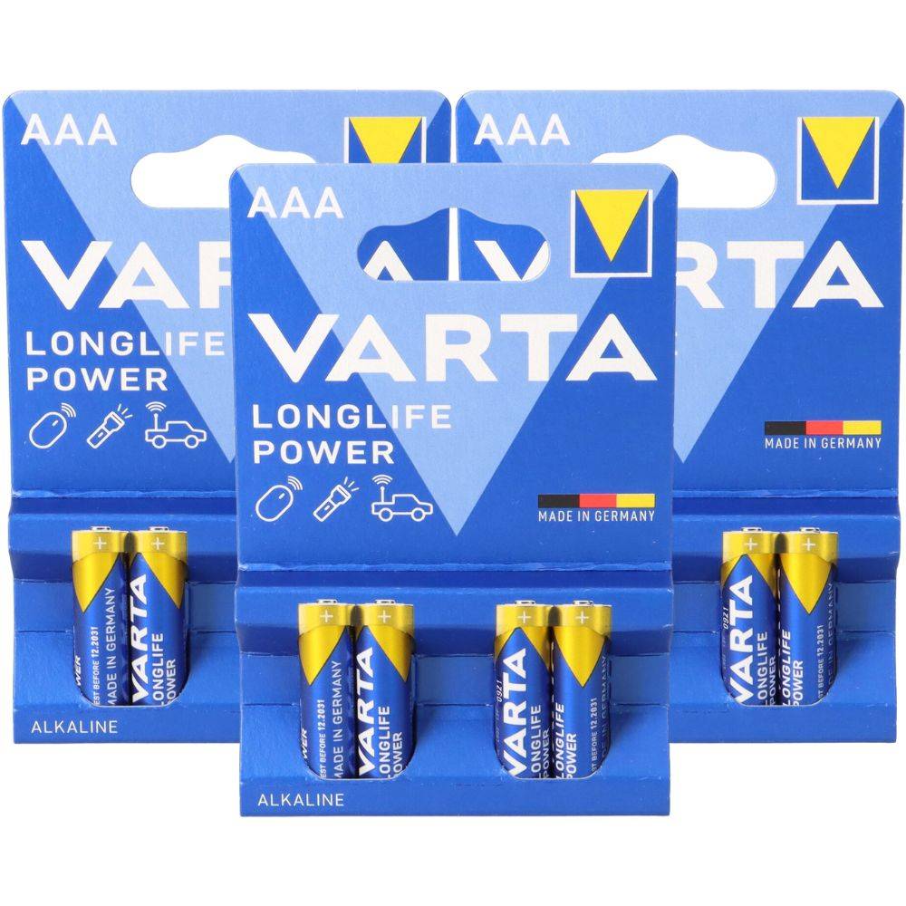Drei Packungen VARTA Longlife Power Alkali-Batterien in blauer Einzelhandelsverpackung, mit den Bezeichnungen AAA und „Made in Germany