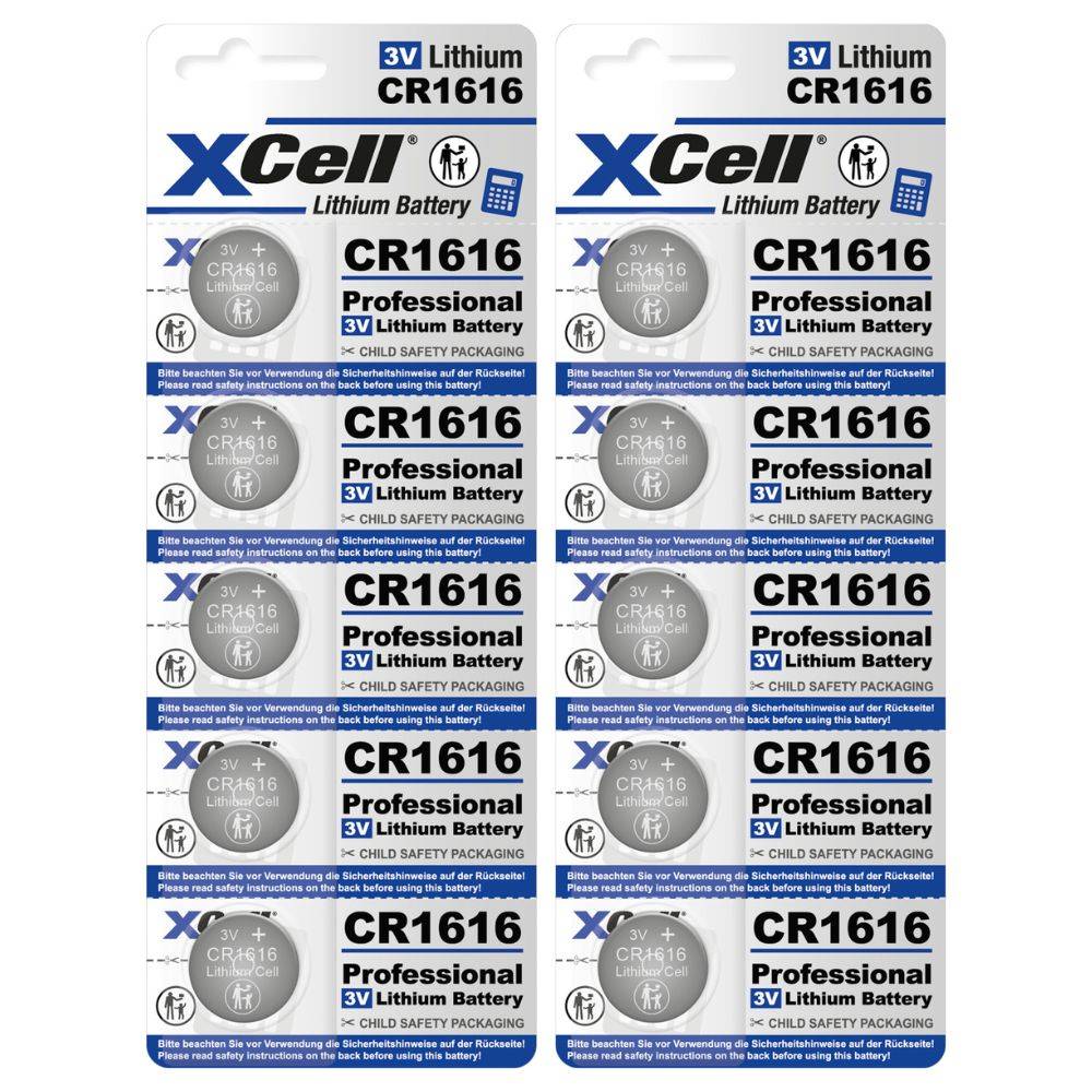 Zwei nebeneinander angeordnete Packungen von XCell CR1616 3V Lithium-Knopfzellbatterien, jeweils mit sechs Batterien in Blisterverpackung.