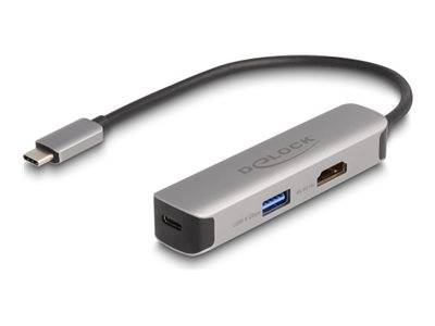 Silberner USB-C-Hub mit angebundenem Kabel, zeigt HDMI-, USB-A- und USB-C-Anschlüsse auf einem kompakten Adapter.