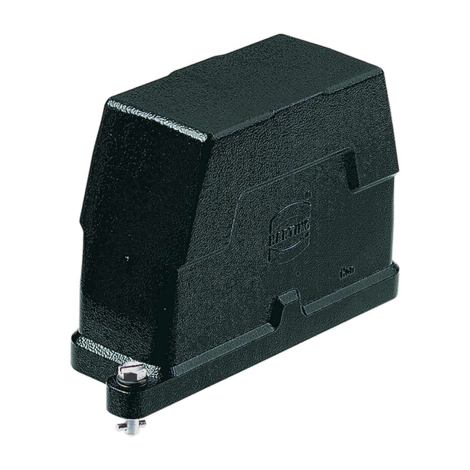 Eine schwarze Scharnierscutzabdeckung mit glatter, strukturierter Oberfläche, die eine kleine Schraubenanbringung in der unteren Ecke aufweist.