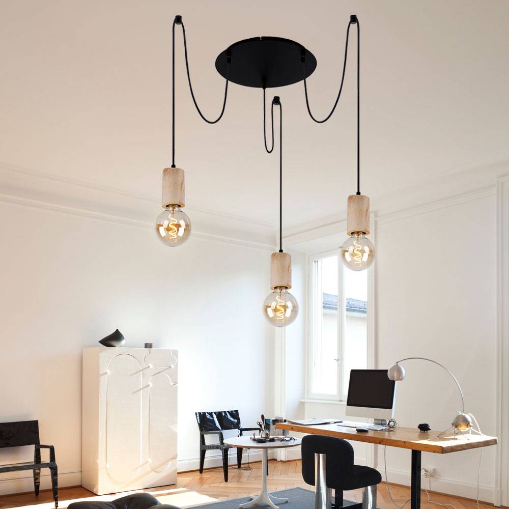 Hängelampe Hängeleuchte Pendelleuchte Pendellampe Esszimmerlampe Esstischleuchte, 3 Flammig Landhaus, Holz natur Metall schwarz, E27 Fassungen, DxH