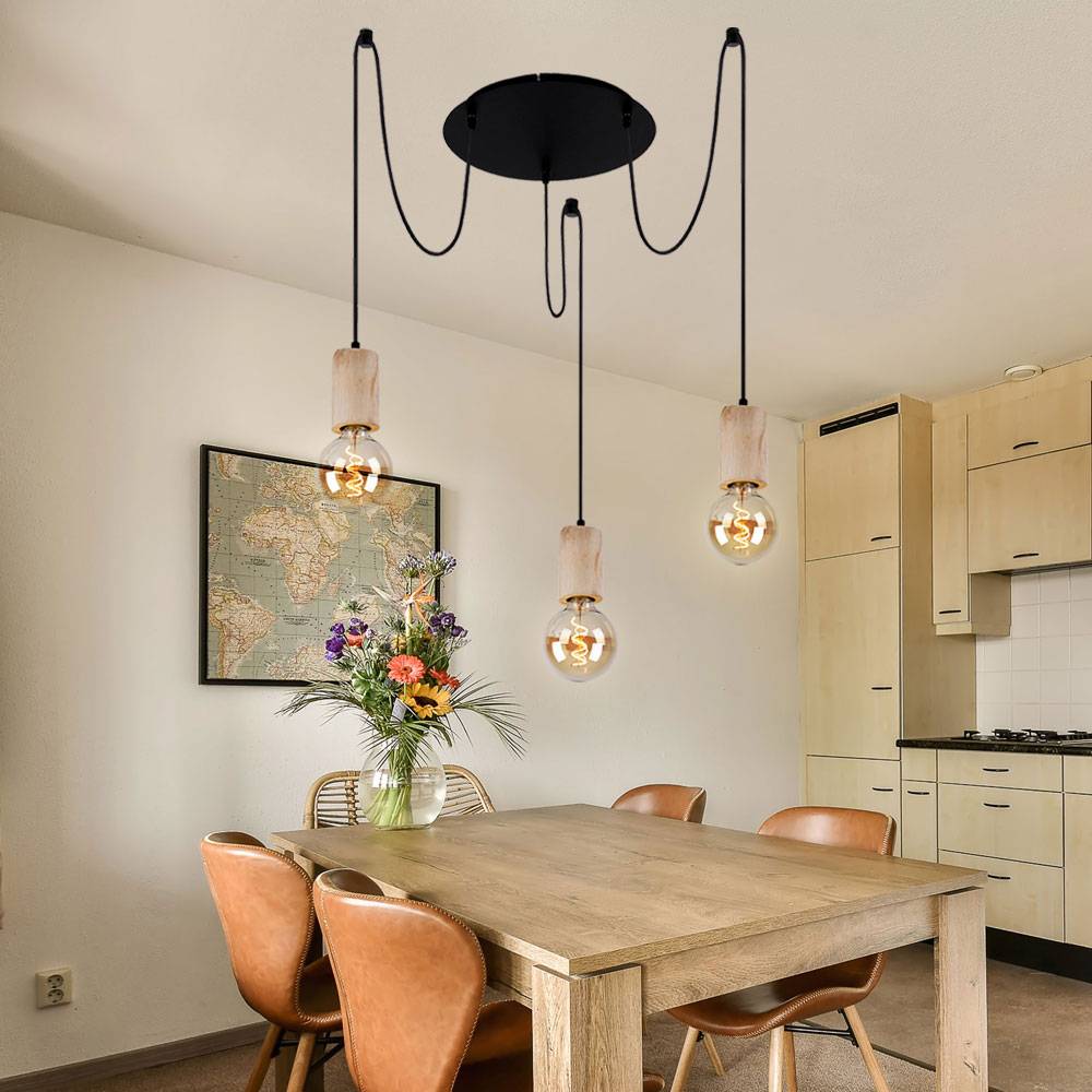 Hängelampe Hängeleuchte Pendelleuchte Pendellampe Esszimmerlampe Esstischleuchte, 3 Flammig Landhaus, Holz natur Metall schwarz, E27 Fassungen, DxH