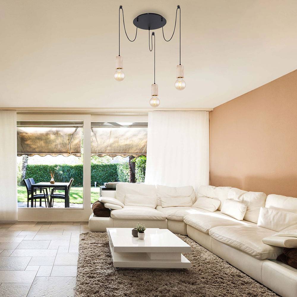 Hängelampe Hängeleuchte Pendelleuchte Pendellampe Esszimmerlampe Esstischleuchte, 3 Flammig Landhaus, Holz natur Metall schwarz, E27 Fassungen, DxH