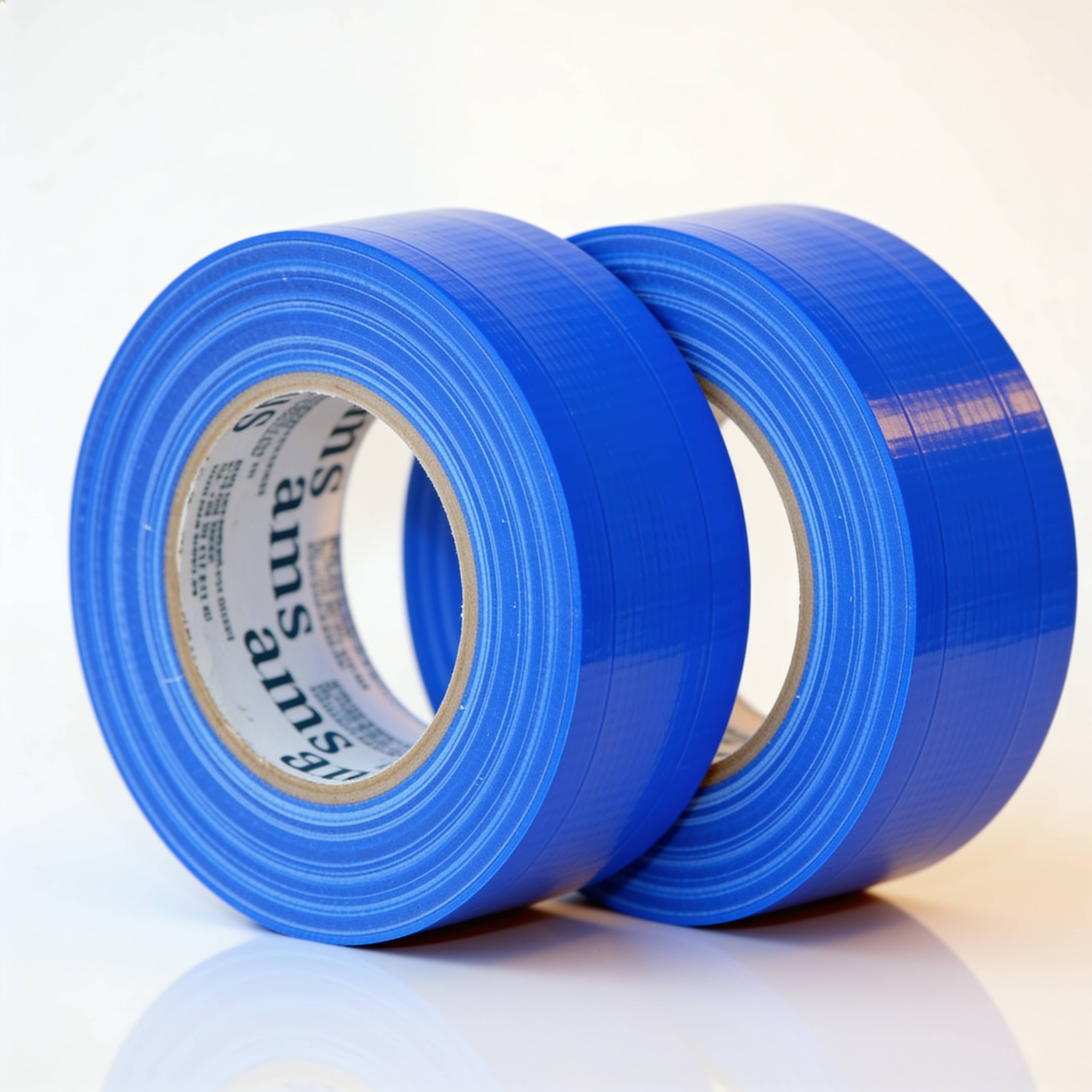 Zwei Rollen blaues Klebeband auf weißem Hintergrund, eine teilweise hinter der anderen.