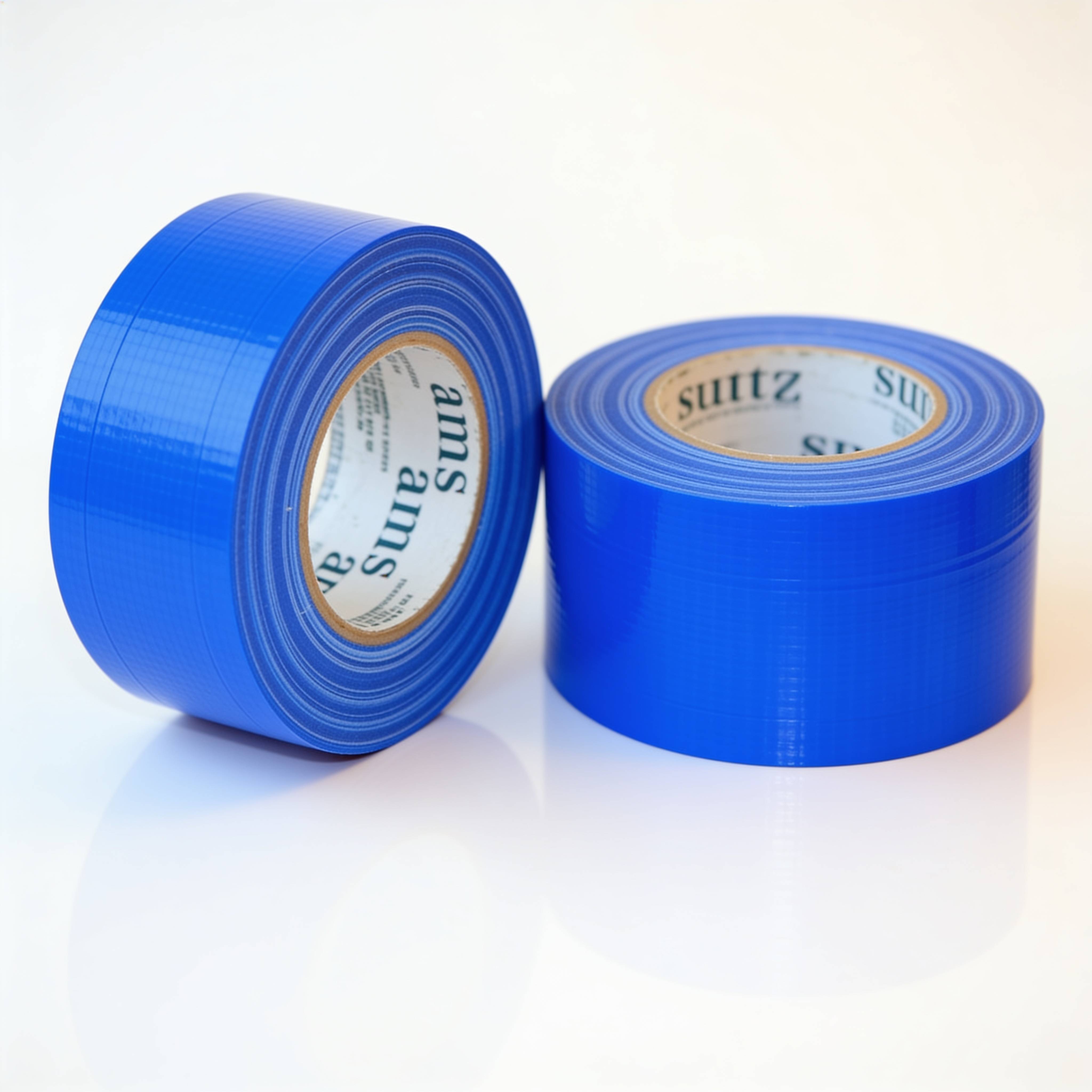 Zwei Rollen leuchtend blaues Klebeband auf weißem Hintergrund, eine aufrecht stehend und eine flach liegend.
