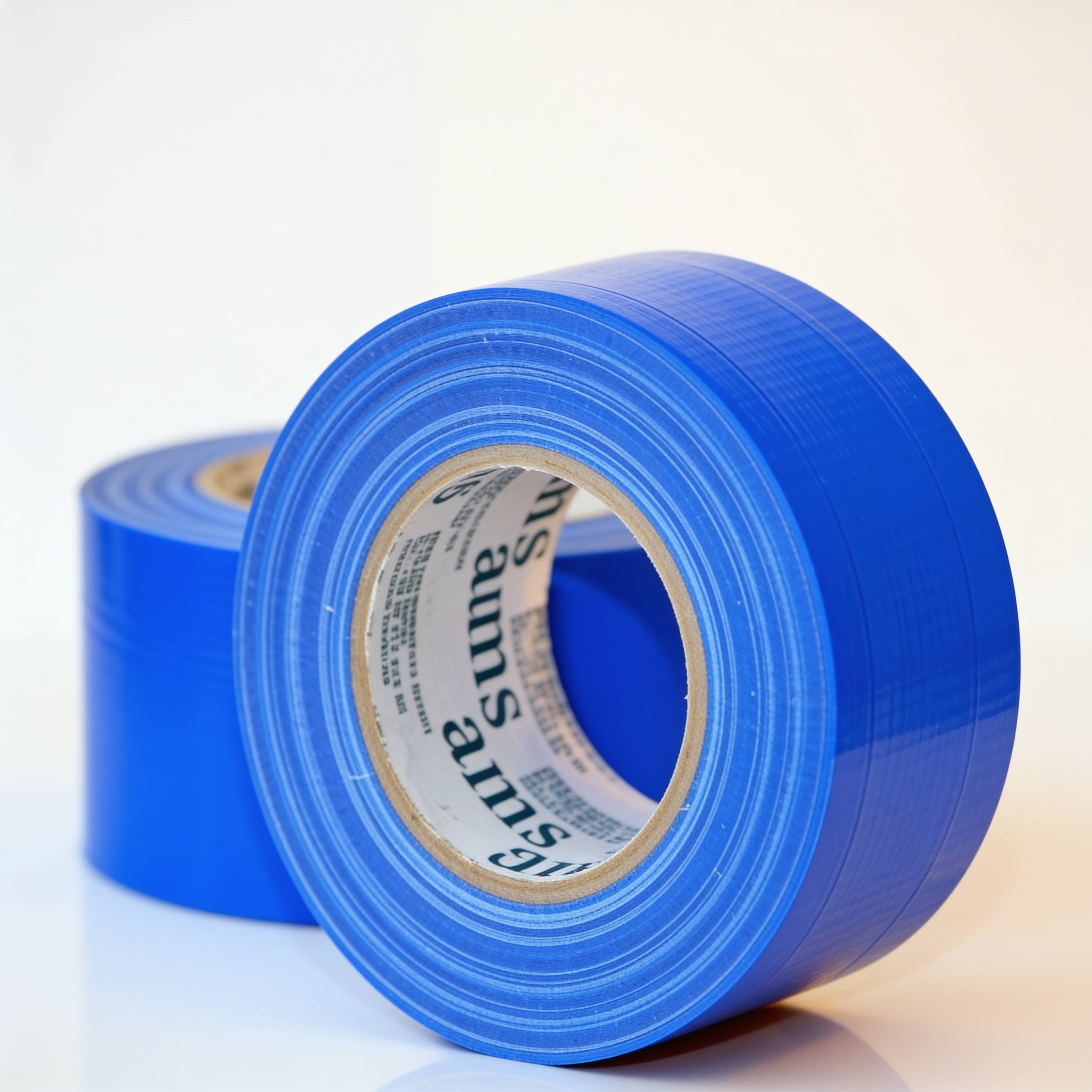 Zwei Rollen glänzendes blaues Klebeband auf weißem Hintergrund, wobei eine Rolle vorne den Kartonkern und das gedruckte Etikett zeigt.