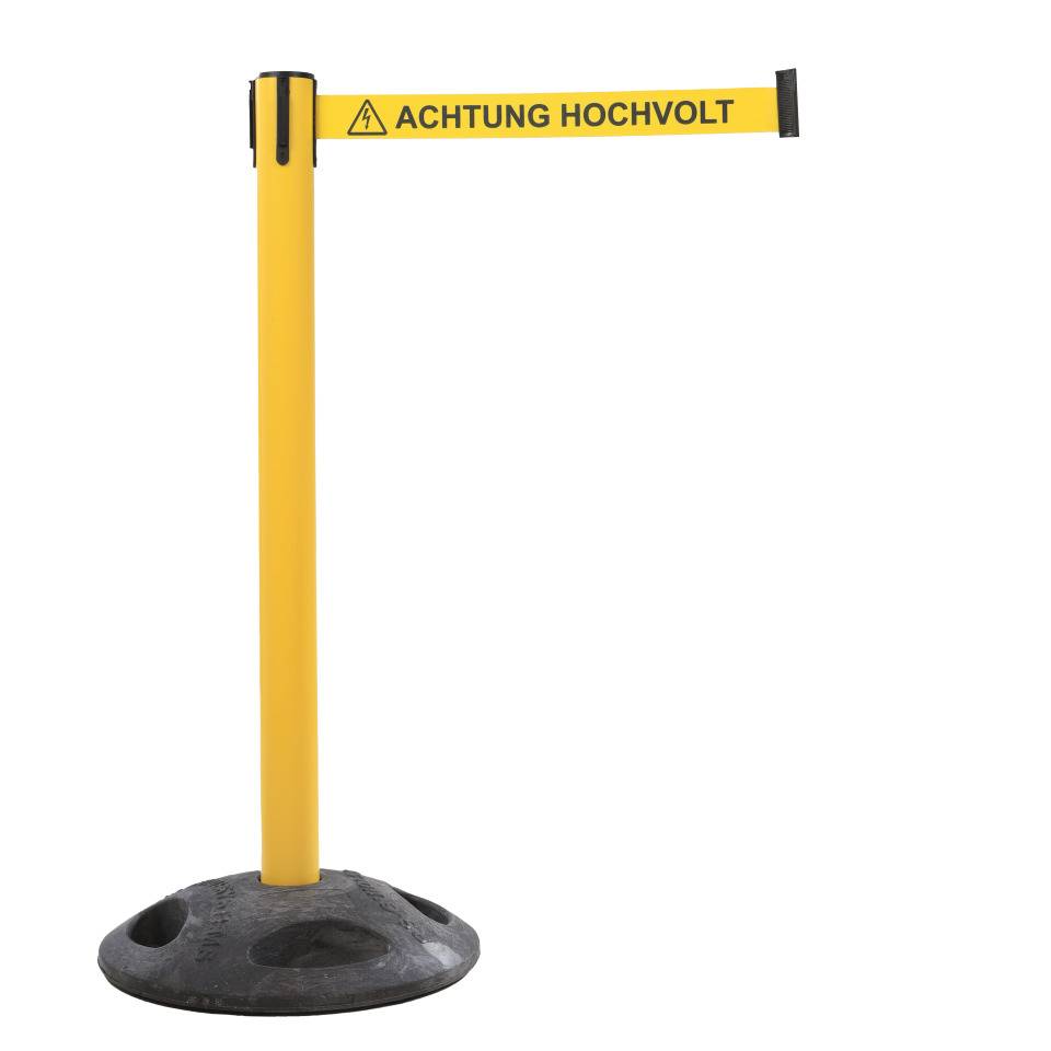 RS-GUIDESYSTEMS® Sicherheits-Gurtpfosten, gelb, Gurt ACHTUNG HOCHVOLT, 8kg