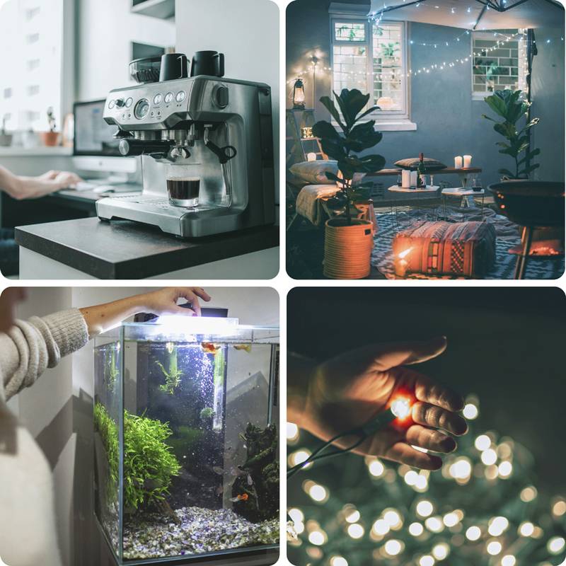 „Collage aus vier Bildern: Espressomaschine beim Kaffeebrühen, gemütlicher beleuchteter Raum mit Pflanzen und Lichterketten, Person beim Füttern von Fischen in einem Aquarium, Hand hält eine Lichterkette.