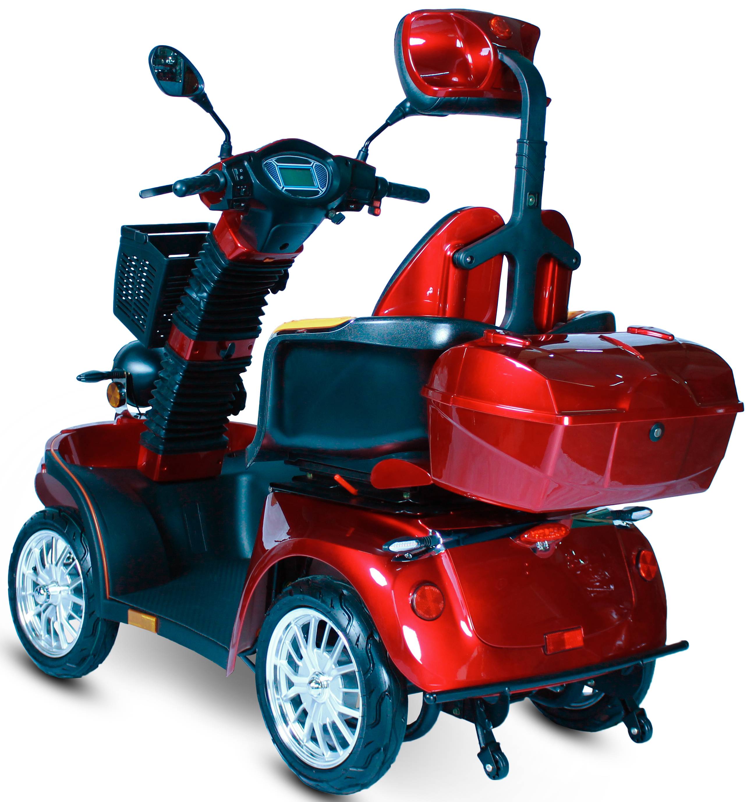 Ein leuchtend rotes Mobilitätsfahrzeug mit vier Rädern, ausgestattet mit einem hinteren Stauraum, Spiegeln, Lenkstangen und einem bequemen Sitz.