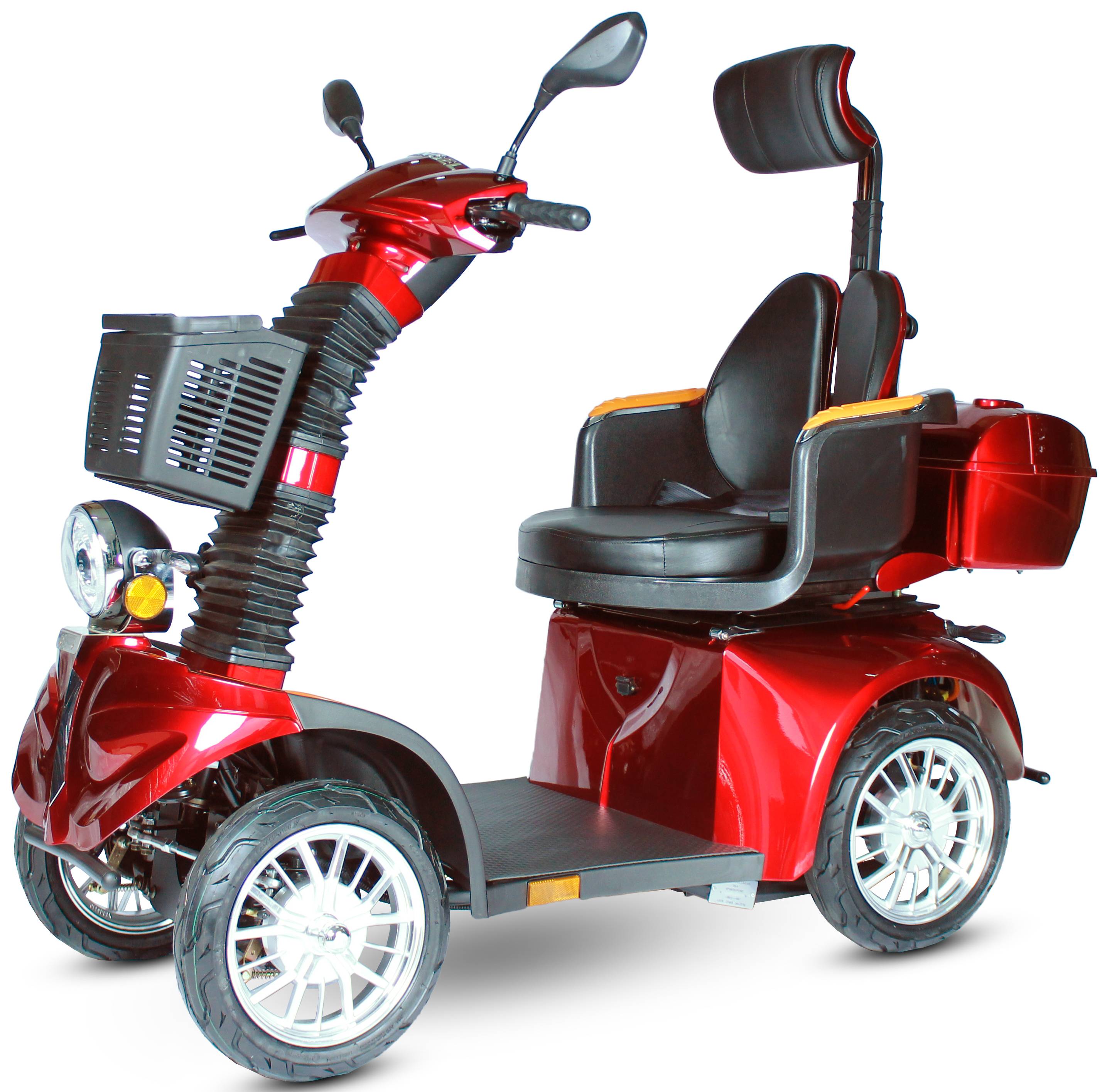 Ein rotes Mobilitätsscooter mit gepolstertem Sitz, schwarzem Korb und Scheinwerfer, entworfen für einfache Beförderung und Barrierefreiheit.