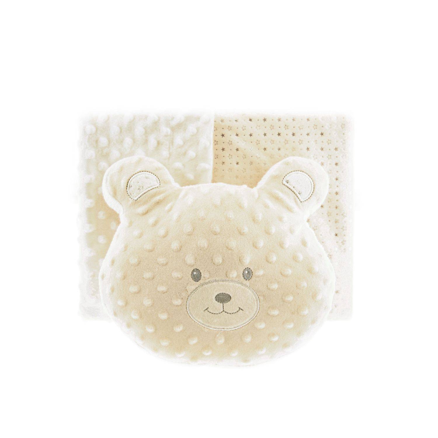 Almina Babydecken-Set mit Bärenkissen Zweilagige Babydecke aus Polyester Sternenmuster 100x80 cm Beige