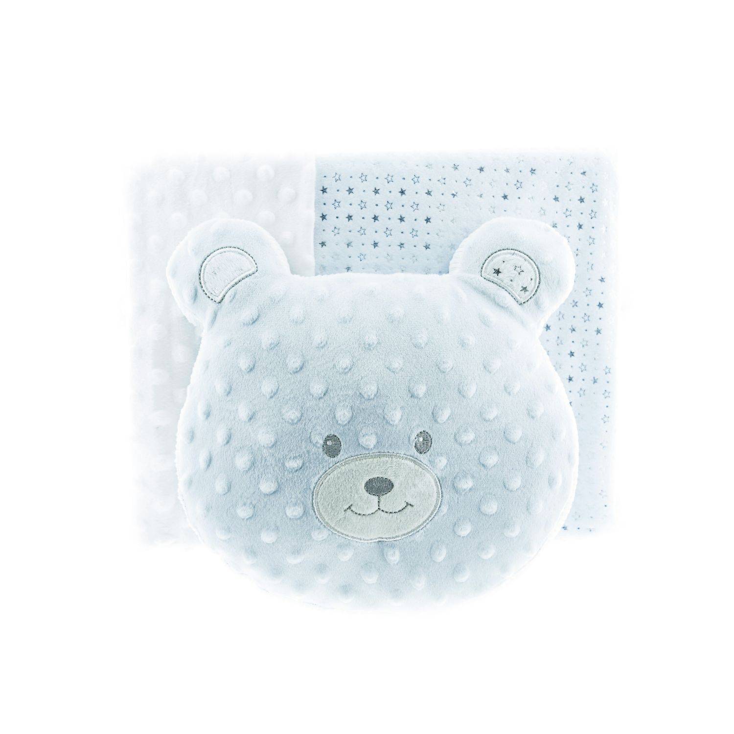 Almina Babydecken-Set mit Bärenkissen Zweilagige Babydecke aus Polyester Sternenmuster 100x80 cm Blau