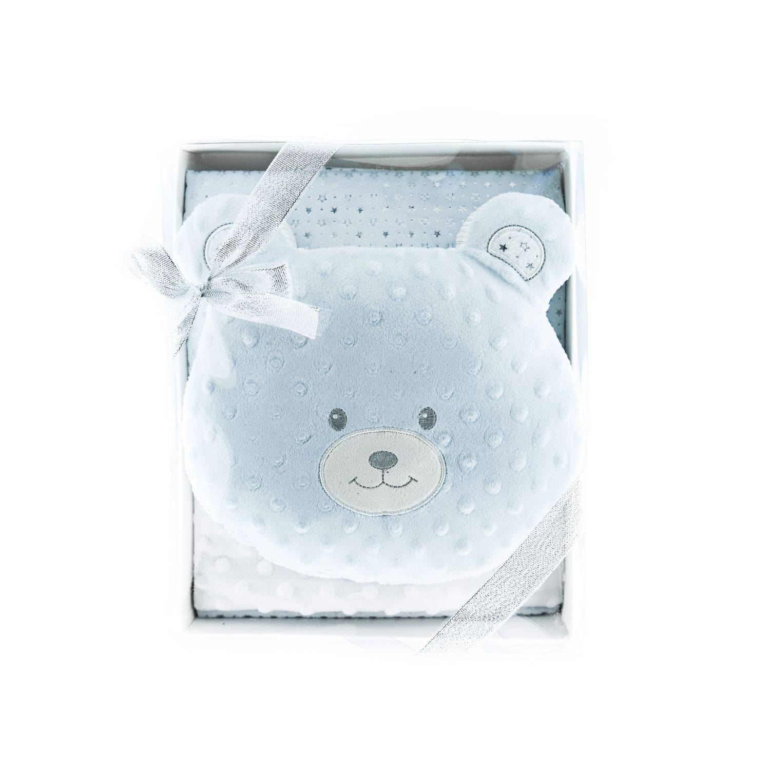 Almina Babydecken-Set mit Bärenkissen Zweilagige Babydecke aus Polyester Sternenmuster 100x80 cm Blau