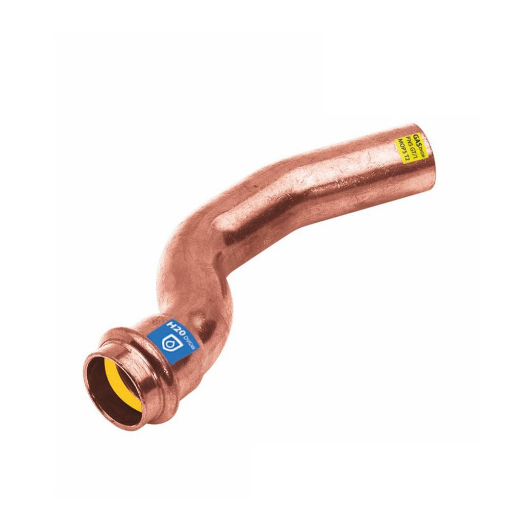 Kupferrohrverschraubung mit 90-Grad-Biegung und gelbem inneren Dichtungsring.