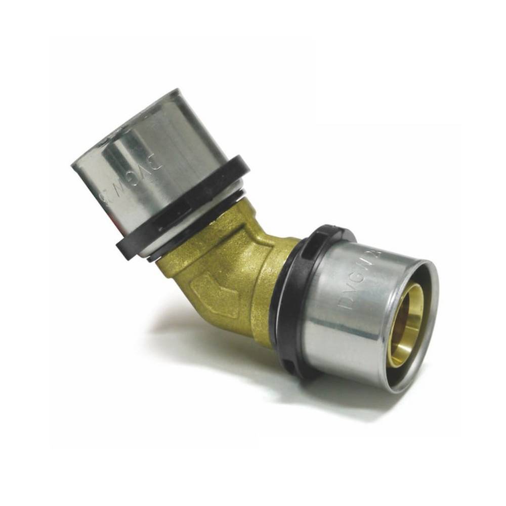 Ein Messing- und Stahlrohrwinkelstück, das zum Verbinden von Rohren in einem 90-Grad-Winkel ausgelegt ist.