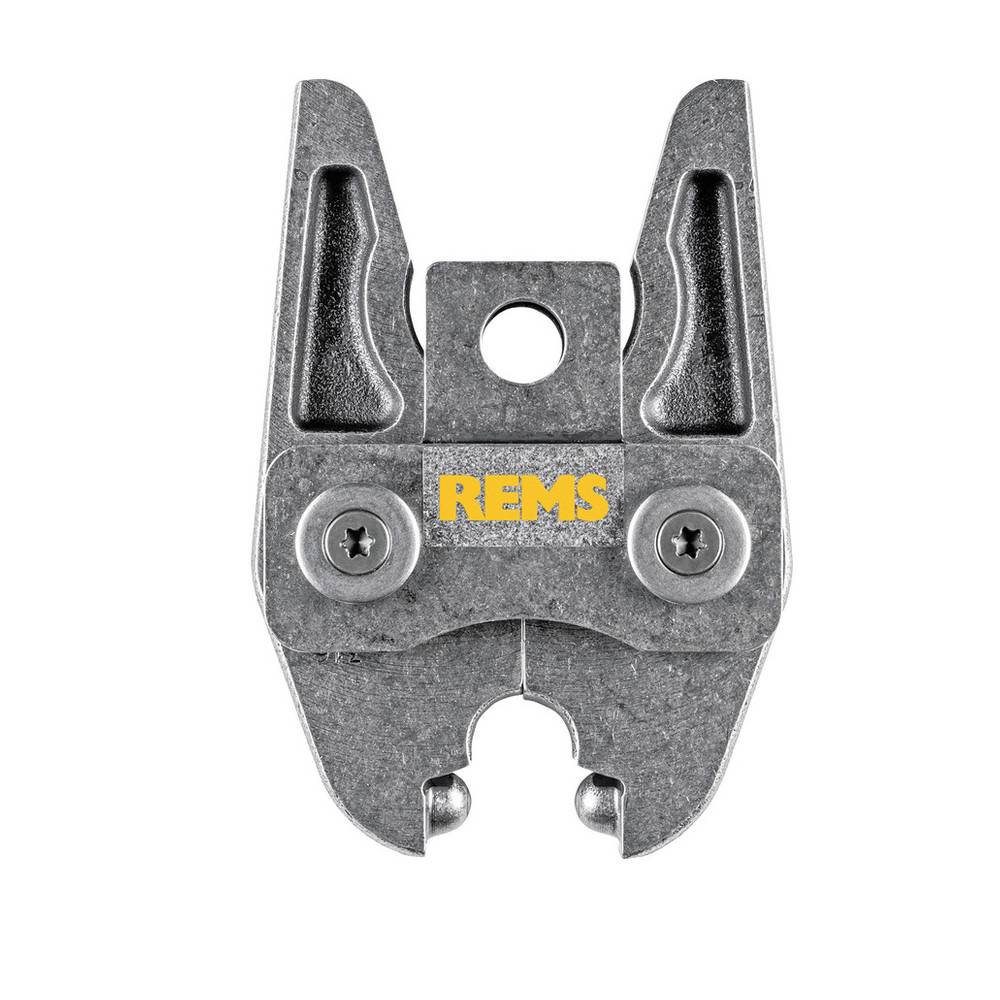 Eine metallische Presszange mit eingraviertem 'REMS' Logo, verwendet für die Rohrinstallation, mit zwei Bolzen und einem Loch in der Mitte.