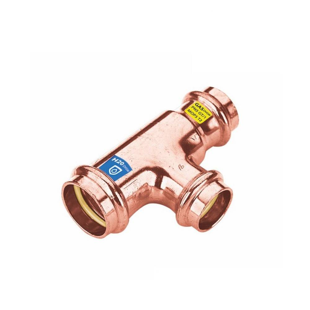 Eine Kupfer-Rohrverschraubung in T-Form mit Anschlüssen an jedem Ende.