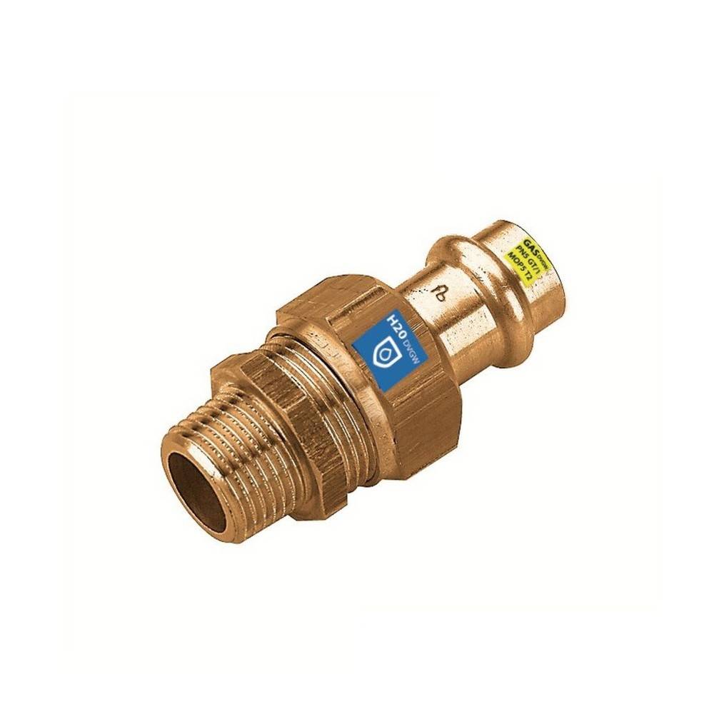 Ein Messing-Rohrleitungsverbinder mit Gewinde- und Steckverbindungsenden, geeignet für Rohranschlüsse.