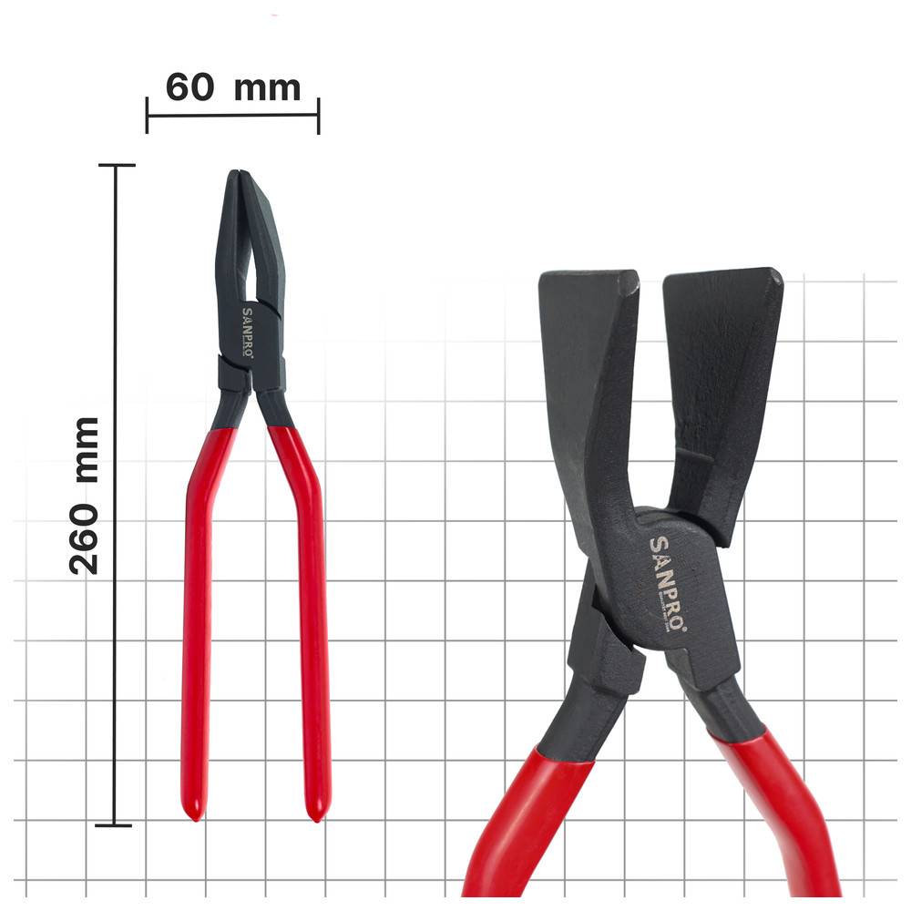 Schwarzes und rotes Werkzeug mit langen Griffen und spitzen Spitzen, 60 mm breit und 260 mm lang, auf einem Gitternetzuntergrund präsentiert.