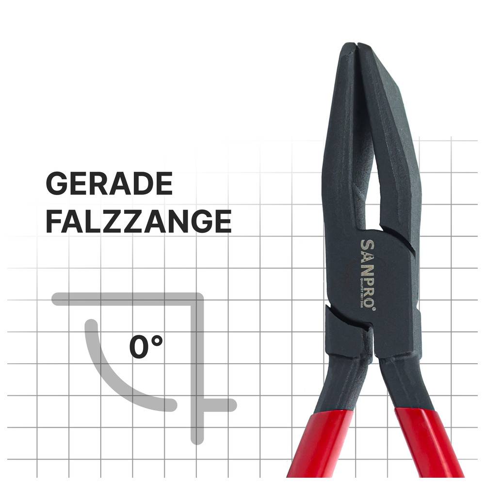 Das Bild zeigt eine gerade Falzzange, die mit 'GERADE FALZZANGE' beschriftet ist, vor einem Gitternetzuntergrund mit einem Winkelsymbol von 0 Grad, was Präzision andeutet.
