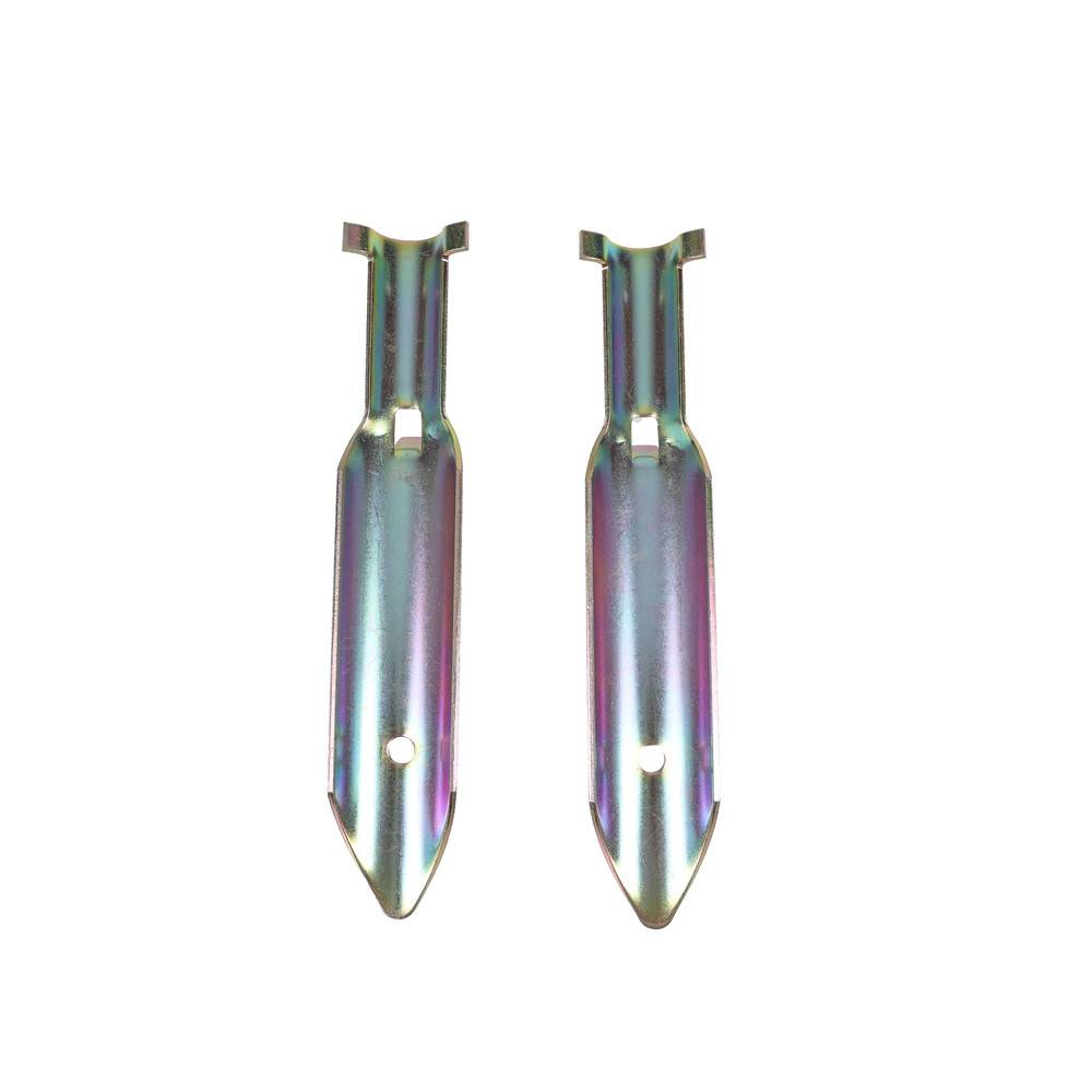 Zwei Metallhalterungen mit spitzen Enden, die jeweils zwei Löcher am unteren Ende aufweisen. Geeignet für Montage- oder Abstützanwendungen.