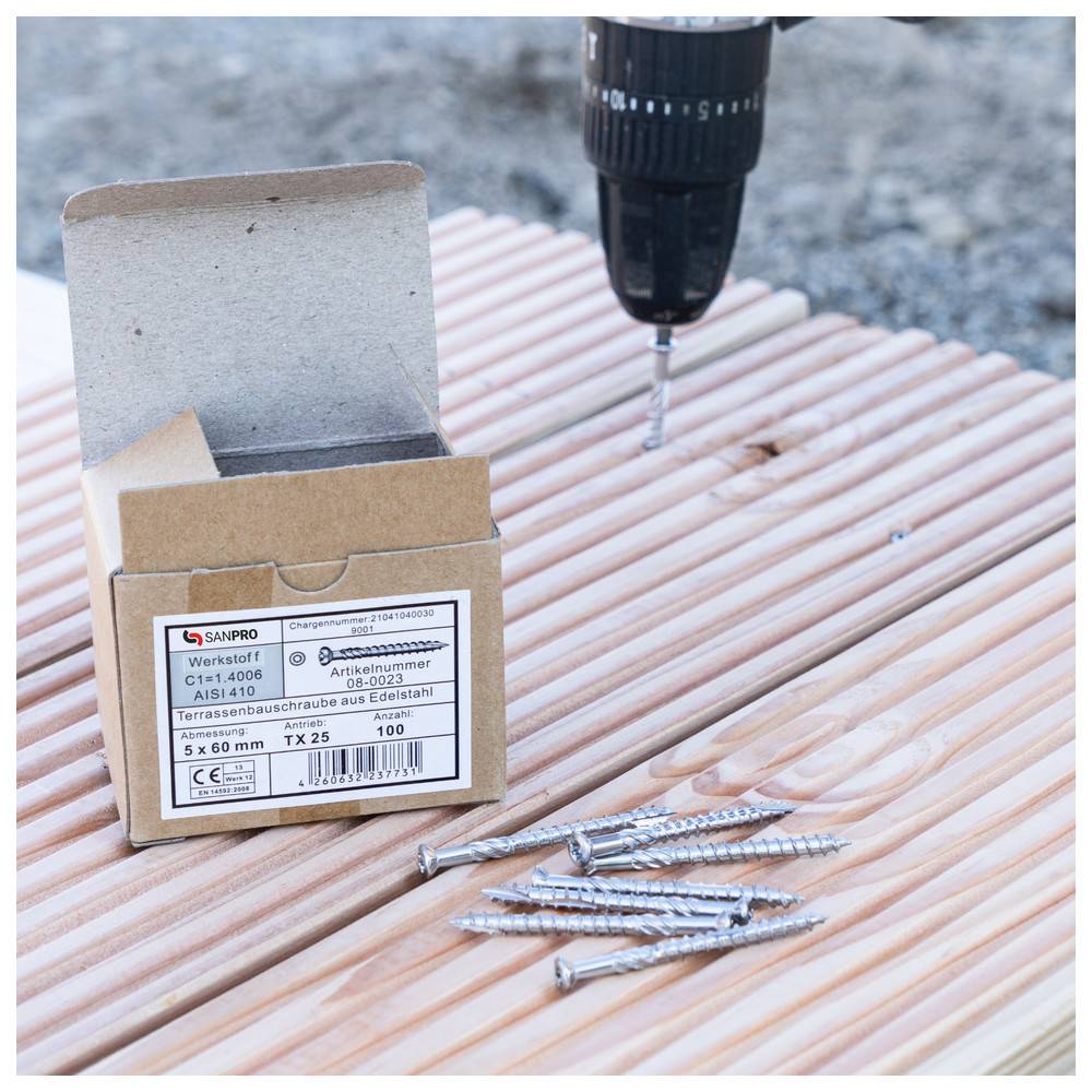 Sanpro Terrassenschraube aus Edelstahl mit Torx Kopf, Größe 5 x 70 mm, Anzahl 100 Stück