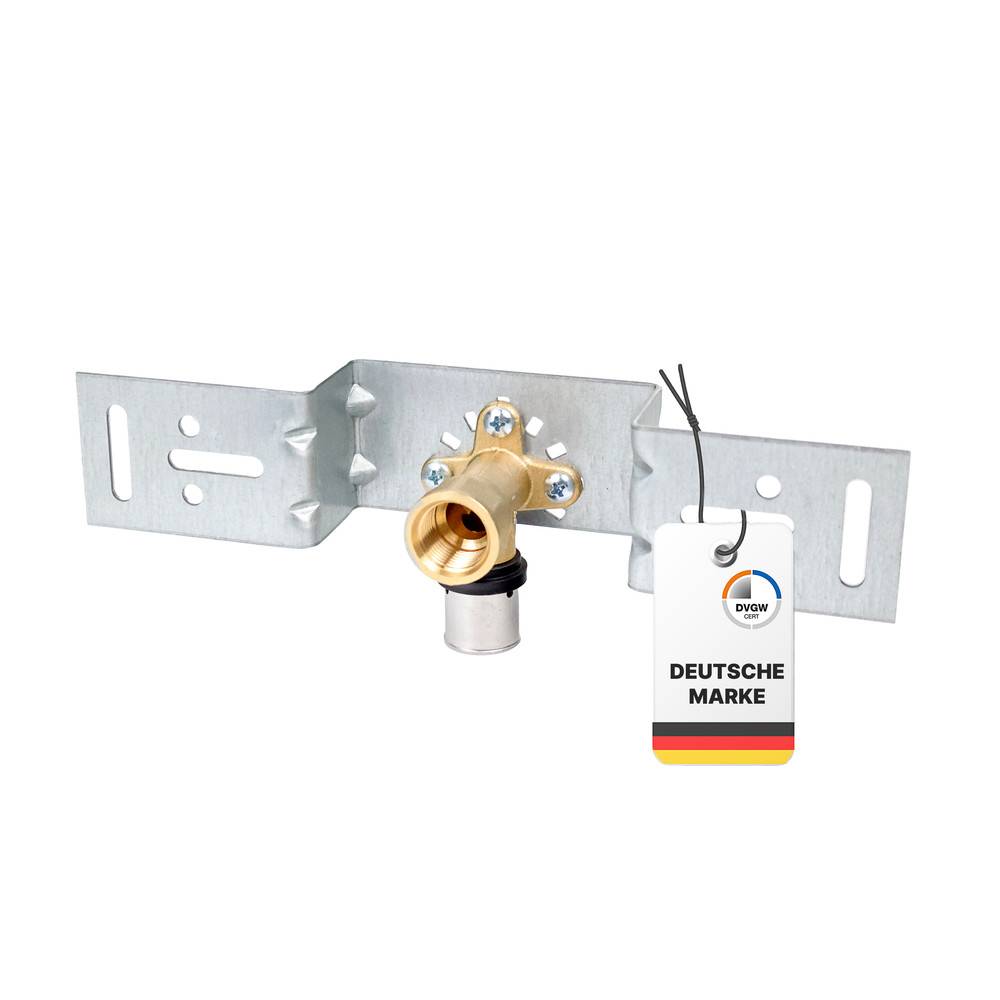 Eine Metallhalterung mit einem Messingventil ist mit 'Deutsche Marke' beschriftet und zeigt ein Design mit deutscher Flagge, was darauf hinweist, dass es sich um ein Produkt einer deutschen Marke handelt.