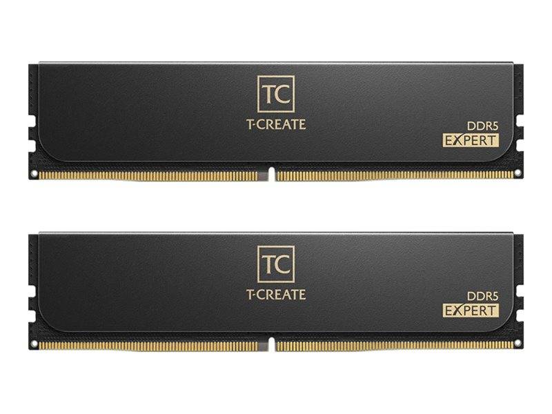 Zwei schwarze T-CREATE DDR5 EXPERT Speichermodule nebeneinander auf weißem Hintergrund dargestellt.