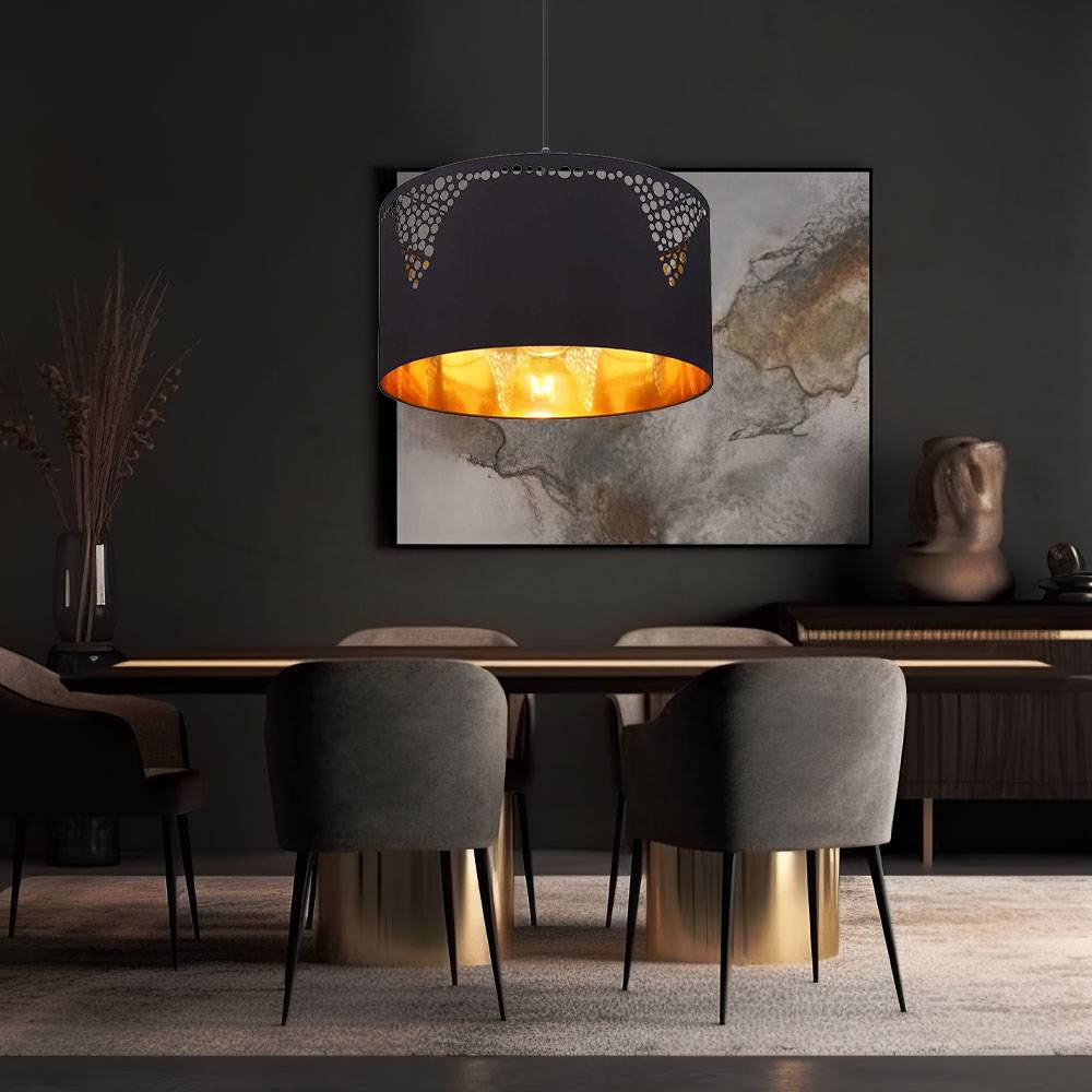 Pendellampe Hängelampe schwarz Esstisch goldfarben rund Wohnzimmerleuchte, Textil schwarz, App Steuerung CCT, 1x Smart RGB LED 10W 806Lm, DxH 38x120