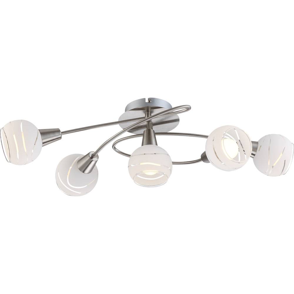 Deckenlampe Deckenleuchte Spotleuchte Wohnzimmerlampe Spotlampe, 5 Flammig Nickel matt Glas weiß, LED 4W 400Lm warmweiß, LxBxH 62,4x37,1x21,1cm