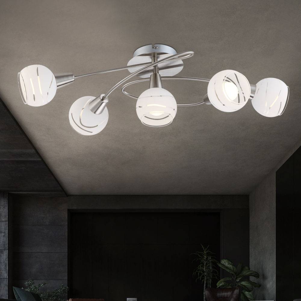 Deckenlampe Deckenleuchte Spotleuchte Wohnzimmerlampe Spotlampe, 5 Flammig Nickel matt Glas weiß, LED 4W 400Lm warmweiß, LxBxH 62,4x37,1x21,1cm