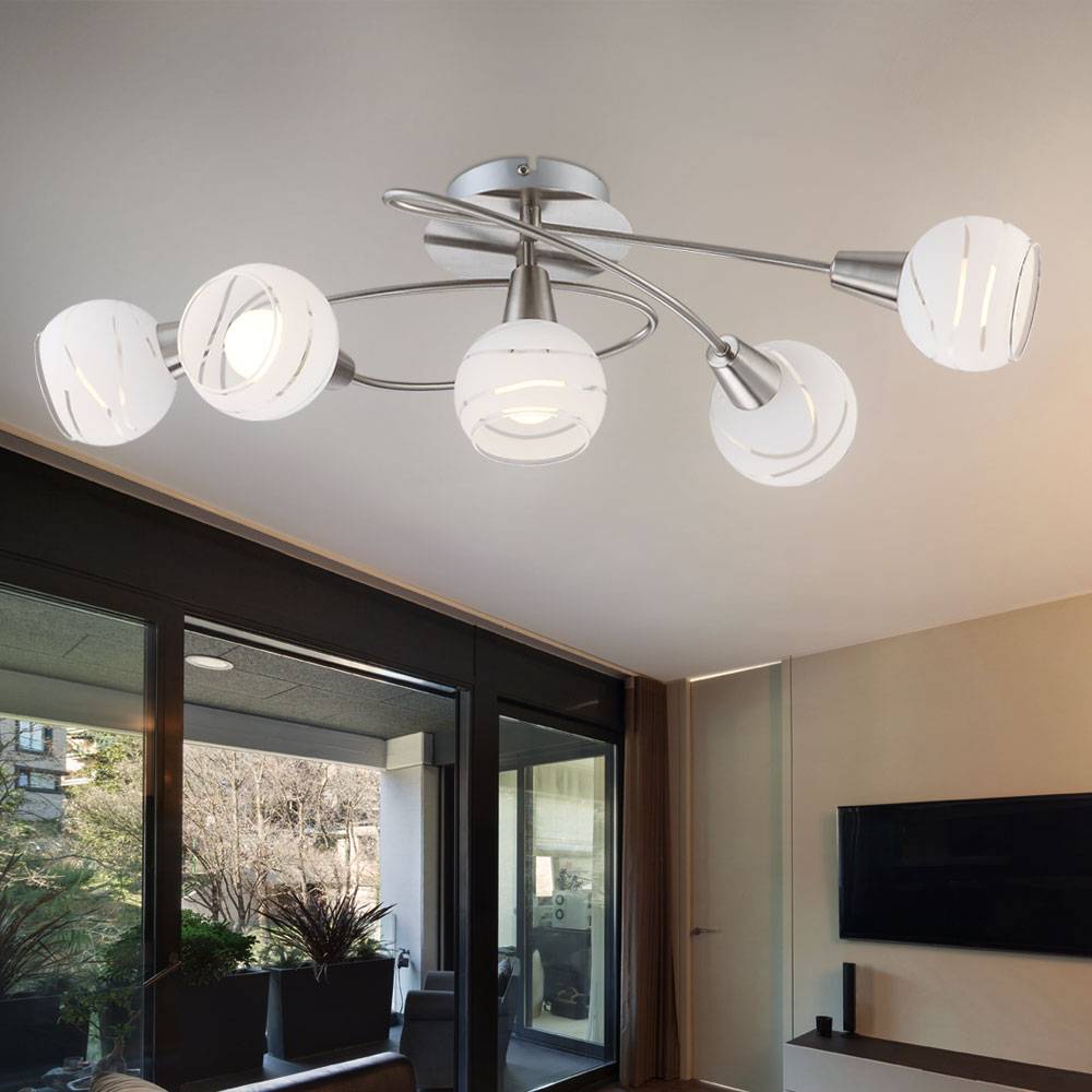 Deckenlampe Deckenleuchte Spotleuchte Wohnzimmerlampe Spotlampe, 5 Flammig Nickel matt Glas weiß, LED 4W 400Lm warmweiß, LxBxH 62,4x37,1x21,1cm