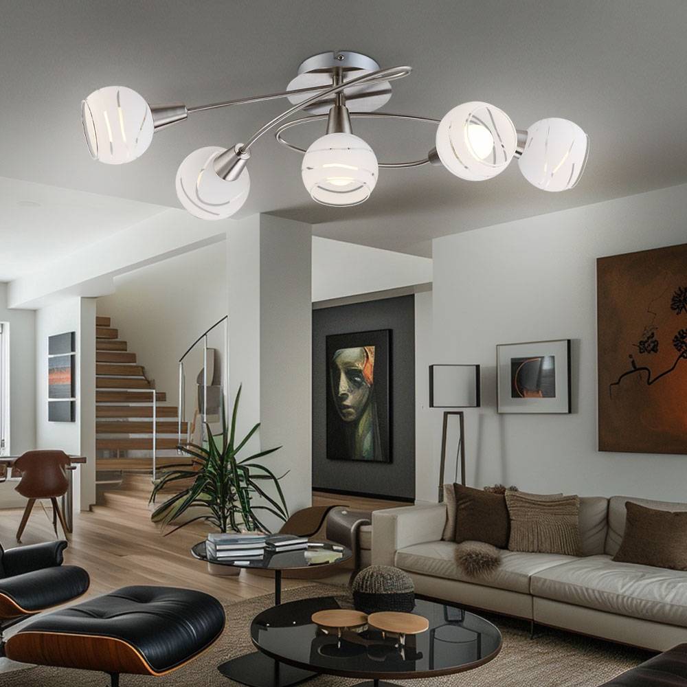 Deckenlampe Deckenleuchte Spotleuchte Wohnzimmerlampe Spotlampe, 5 Flammig Nickel matt Glas weiß, LED 4W 400Lm warmweiß, LxBxH 62,4x37,1x21,1cm