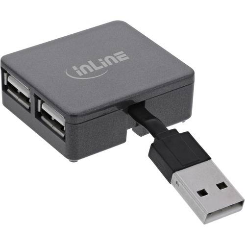 Ein kompakter, schwarzer USB-Hub mit vier USB-Anschlüssen und einem kurzen Kabel mit USB-Stecker, auf der Oberseite mit „inLine