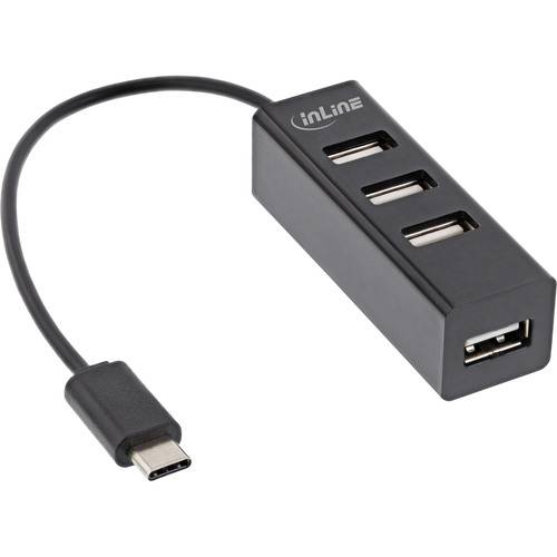 Ein kompakter schwarzer USB-Hub mit drei USB-Anschlüssen und einem Type-C-Anschluss, der zum Erweitern der Verbindungsmöglichkeiten auf kompatiblen Geräten verwendet wird.