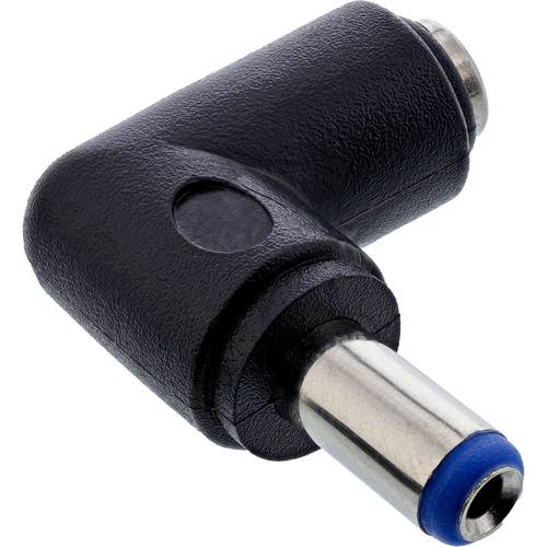 Ein schwarz-silberner Koaxialkabeladapter im rechten Winkel mit blauer Spitze, verwendet zum Anschluss von Audio- oder Videogeräten.
