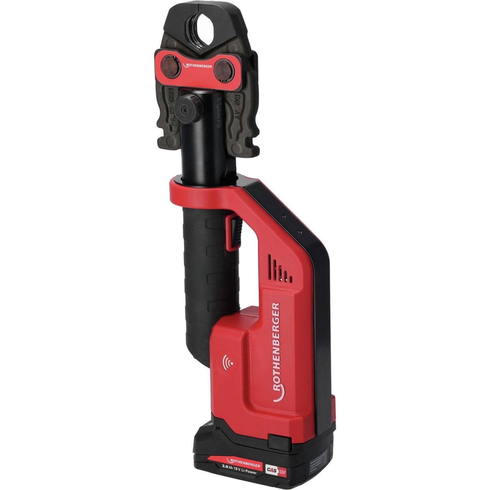 Rot-farbiger Rothenberger Akku-Crimpzange mit Gummigriff, entwickelt für einfache Handhabung bei Sanitär- und elektrischen Arbeiten.